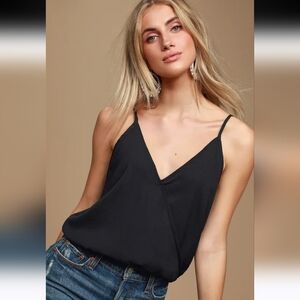 NWT Lulu's Brandee Black Satin Surplice Tank Top